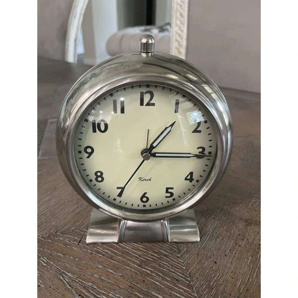 EUC Kirch Analog Silver Desktop Alarm Clock Battery Operated Works Vtg Style